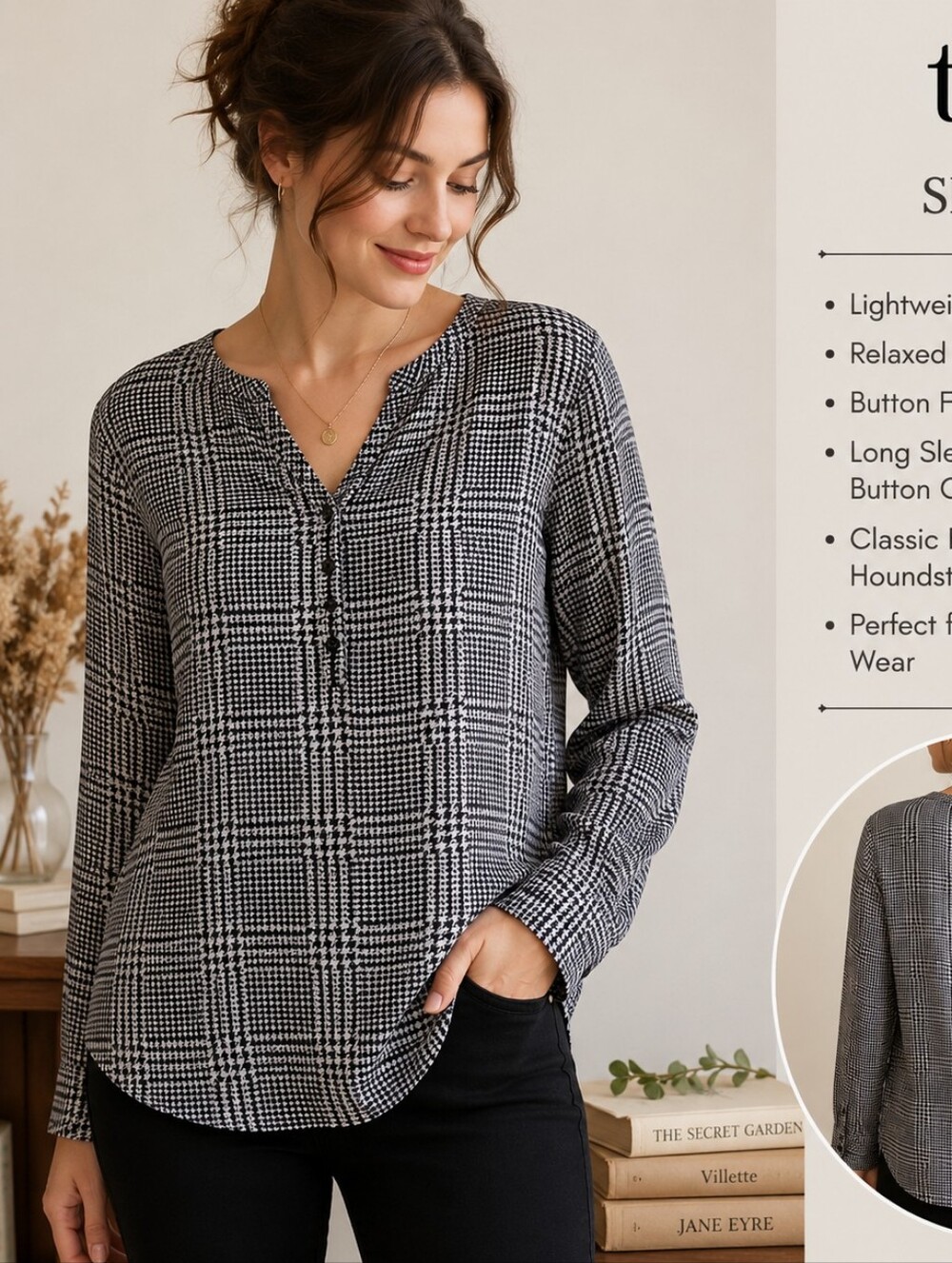 TAG XL Black White Houndstooth Plaid Long Sleeve Blouse Dark Academia